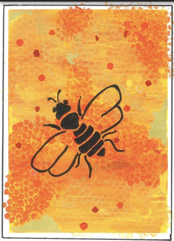 A painting of a bee against an abstract fiery-yellow background with honeycomb patterns illuminating through the bright oranges, yellows, and reds.