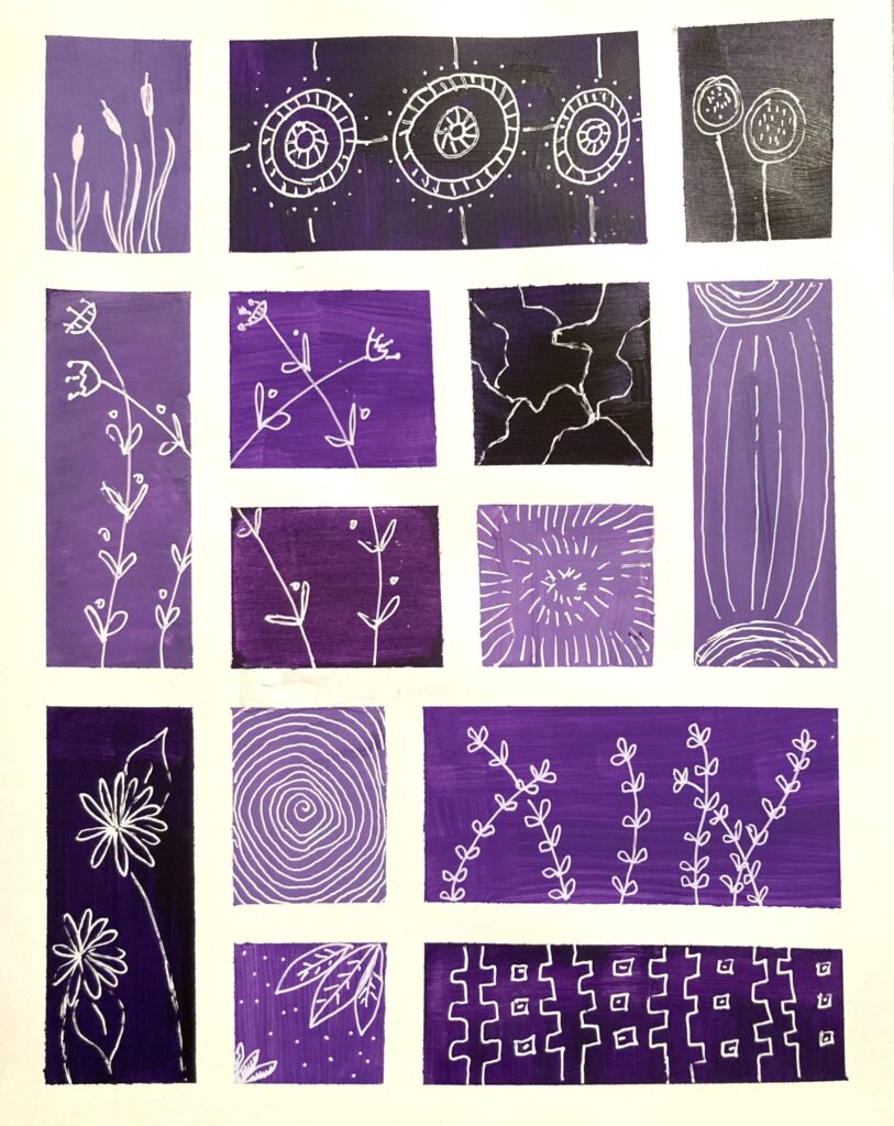 A collage of artwork with white lines depicting flower buds and stems, geometric lines, and circles beaming against violet backgrounds. The sense one feels from the imagery is life, growth, connection, and change.