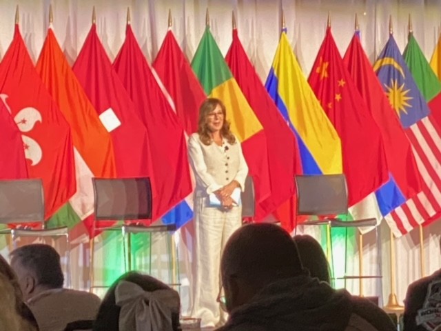 Victoria Jackson speaking on the main stage at the Guthy Jackson Patient Day.