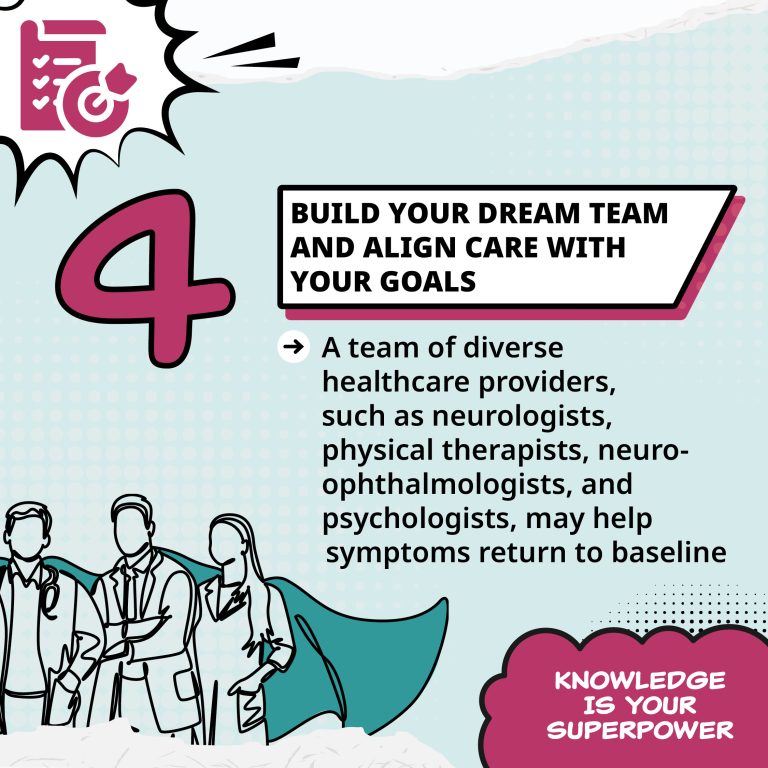 Build your dream team and align care with your goals. A team of diverse healthcare providers, such as neurologists, physical therapists, neuro-ophthalmologists, and psychologists, may help symptoms return to baseline. Knowledge is your superpower.