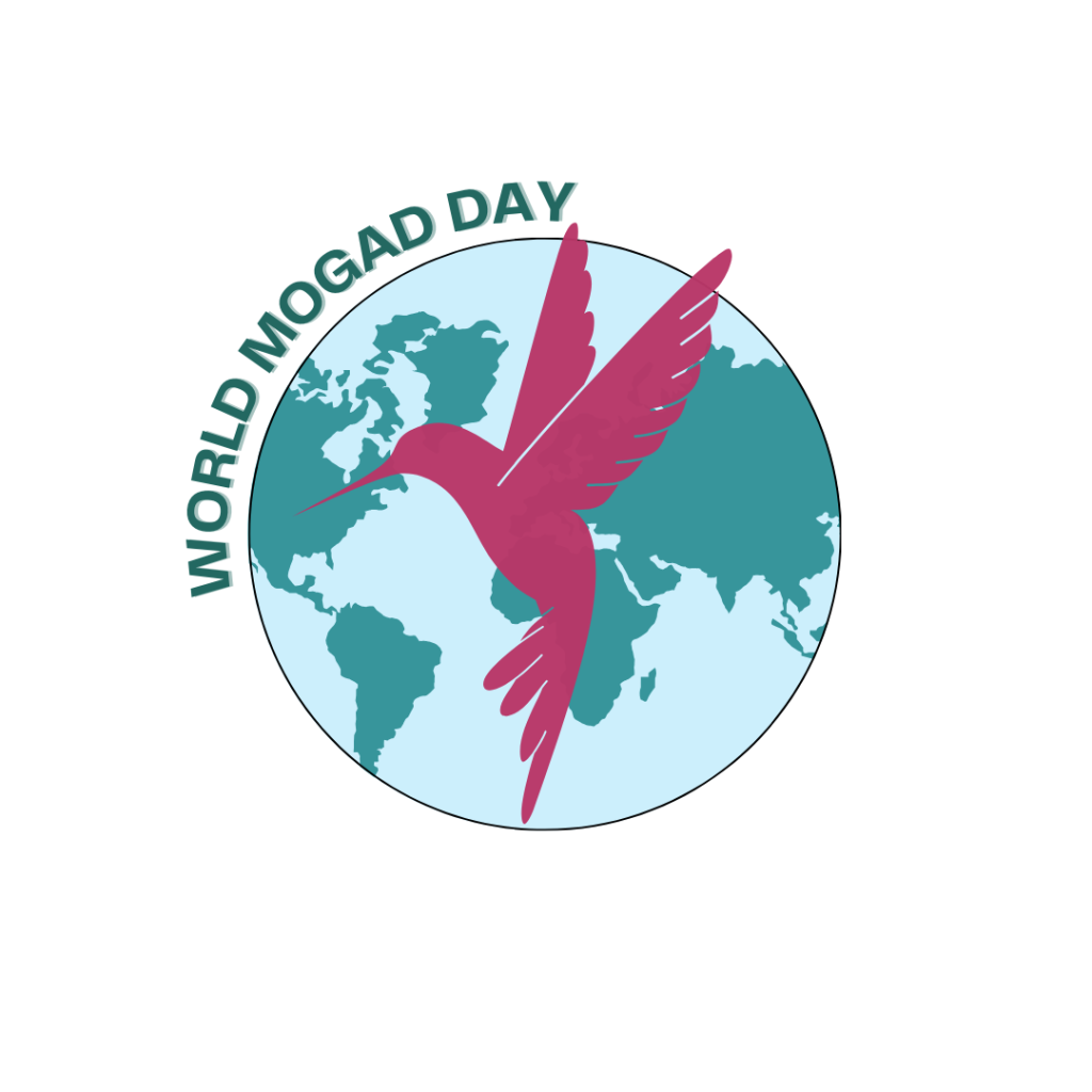 World MOGAD Day Logo has a teal globe with a ruby rose colored hummingbird Silouette. The words World MOGAD Day are shown curved around the globe.