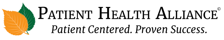 Patient Health Alliance. Patient Centered.Proven Success. Image on the left is two leaves, one green and one yellow.