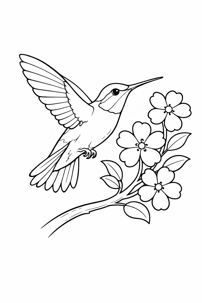 A line drawing of a hummingbird hovering near a branch with four blooming flowers and leaves, as if about to feed from one of the blossoms, created in honor of MOGAD Awareness Month.