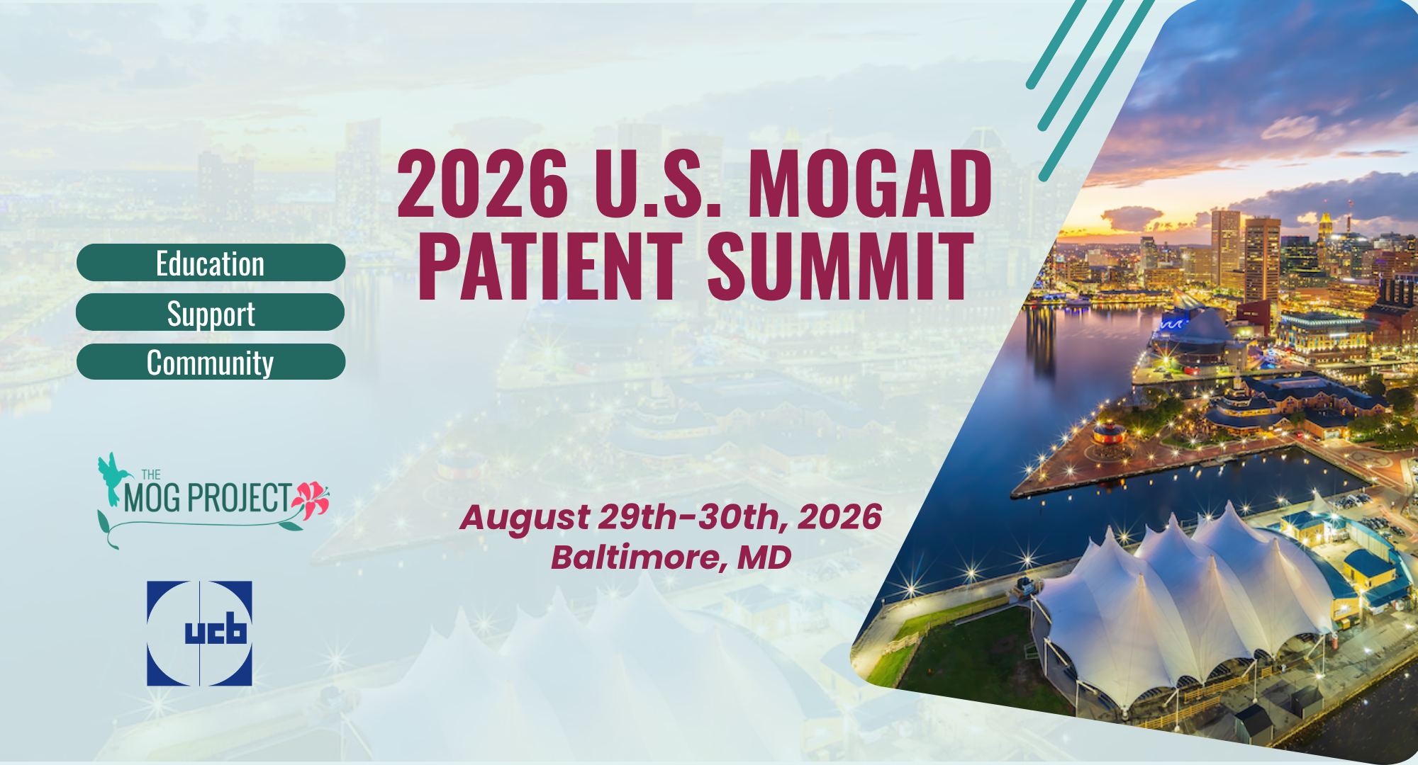 Promotional graphic for the MOGAD Patient Summit 2026, featuring event details, Baltimore cityscape, and organizational logos. Text highlights education, support, and community. Event is August 29-30, 2026, in Baltimore, MD.
