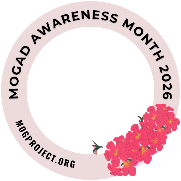 A circular badge for MOGAD Awareness Month 2026 features “mogproject.org” around the edge and pink flowers on the lower right. The center is blank, perfect for highlighting MOGAD Awareness Month messages.