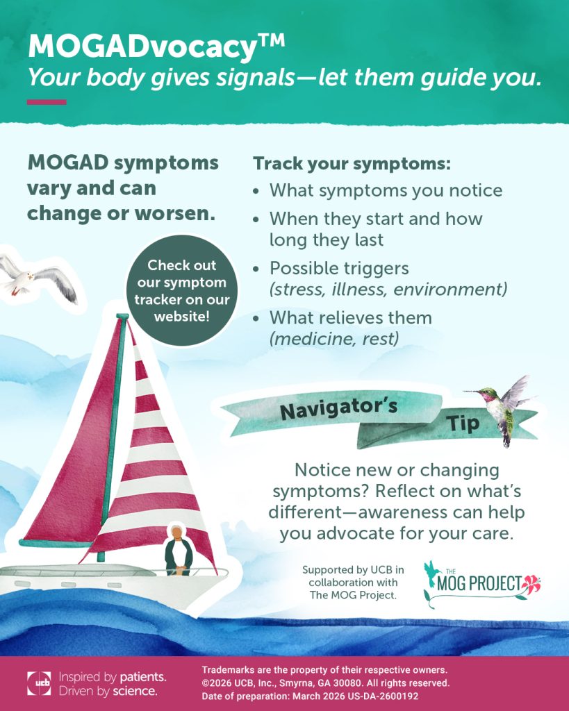 An infographic with a sailboat and heron, titled “MOGADvocacy™ Your body gives signals—let them guide you,” highlights MOGAD Awareness Month, lists symptom tracking tips, navigator’s tip, and features The MOG Project and UCB logos.