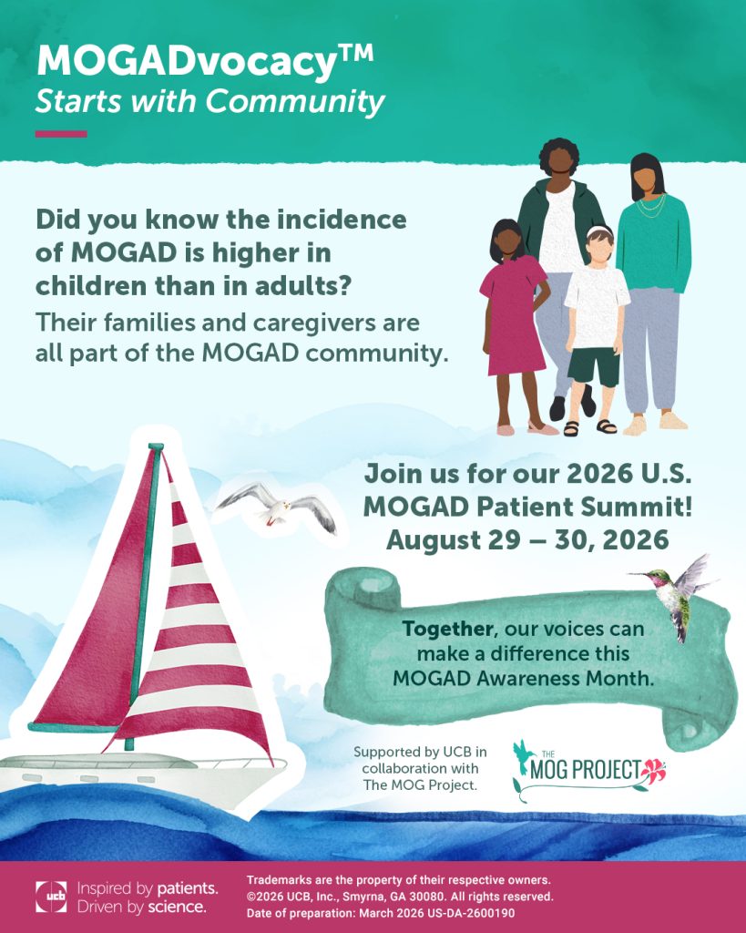 An illustrated flyer for the 2026 U.S. MOGAD Patient Summit features a diverse family, a sailboat, and event details. Highlighting MOGAD Awareness Month, it notes that MOGAD affects more children than adults and encourages community participation.