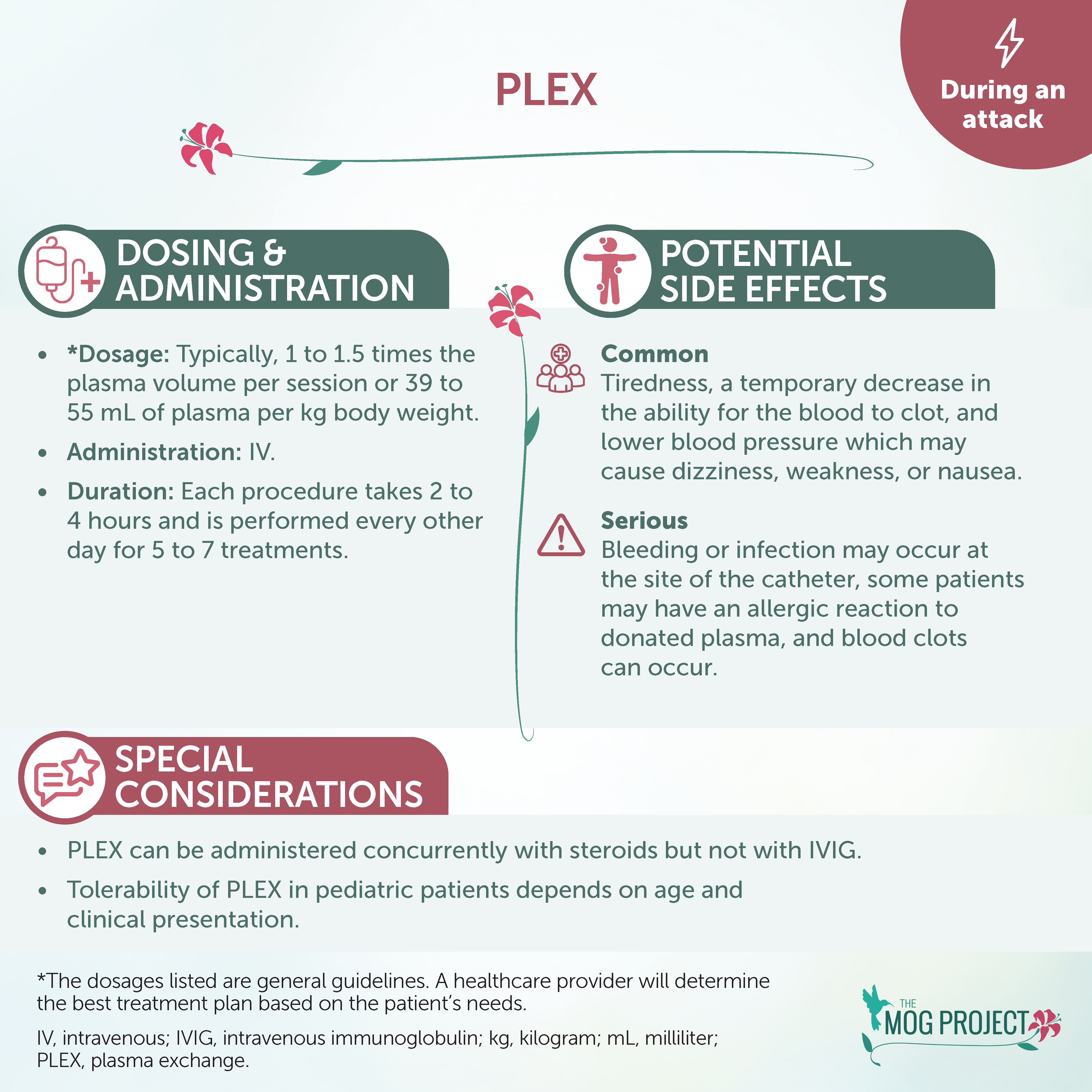 Infographic about PLEX treatment, detailing dosing, administration, side effects, and special considerations, with icons and text boxes. The design uses pastel colors and flower graphics for visual appeal.