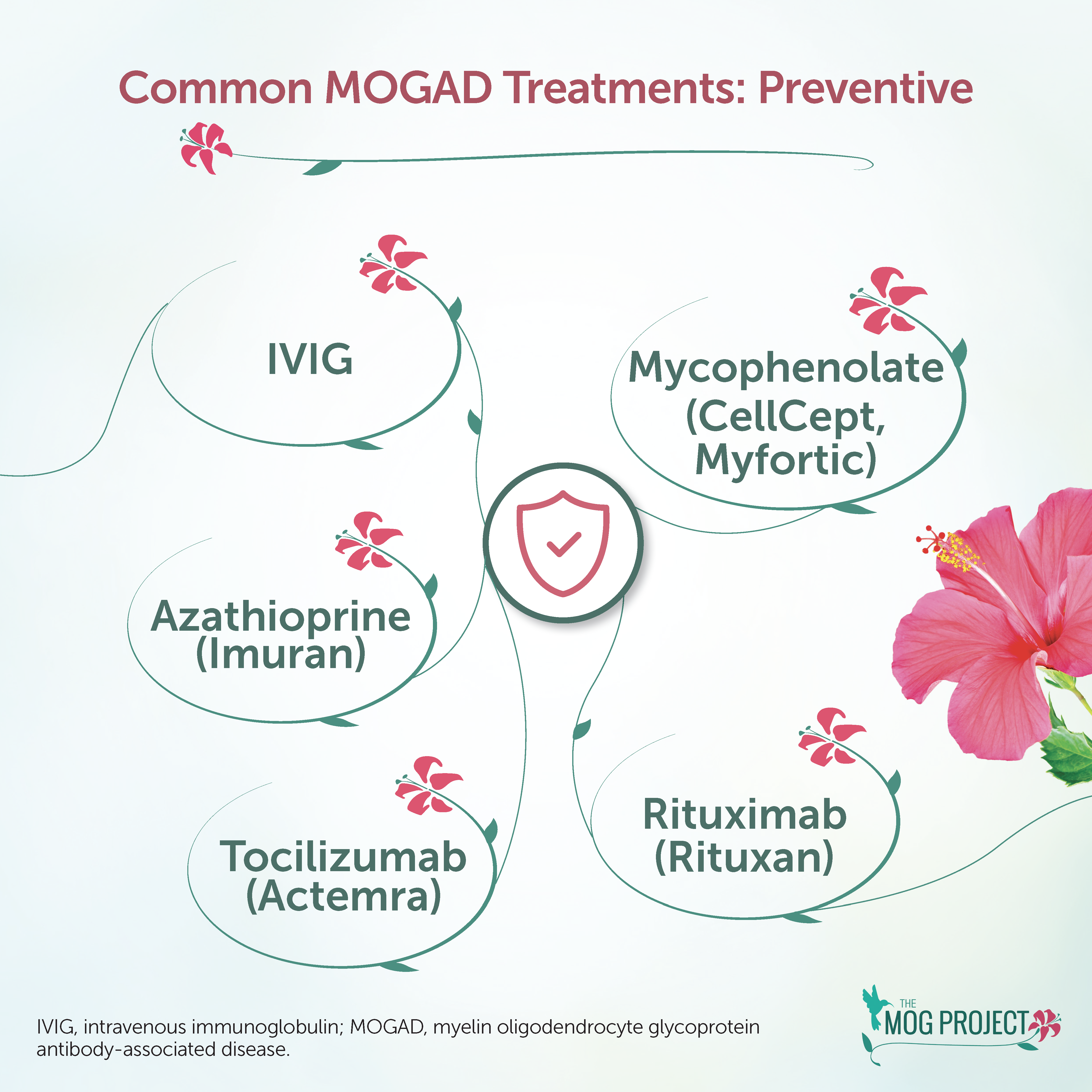 A chart showing common preventive MOGAD treatments: IVIG, Mycophenolate, Azathioprine, Tocilizumab, and Rituximab, with decorative pink flowers and a shield icon in the center.