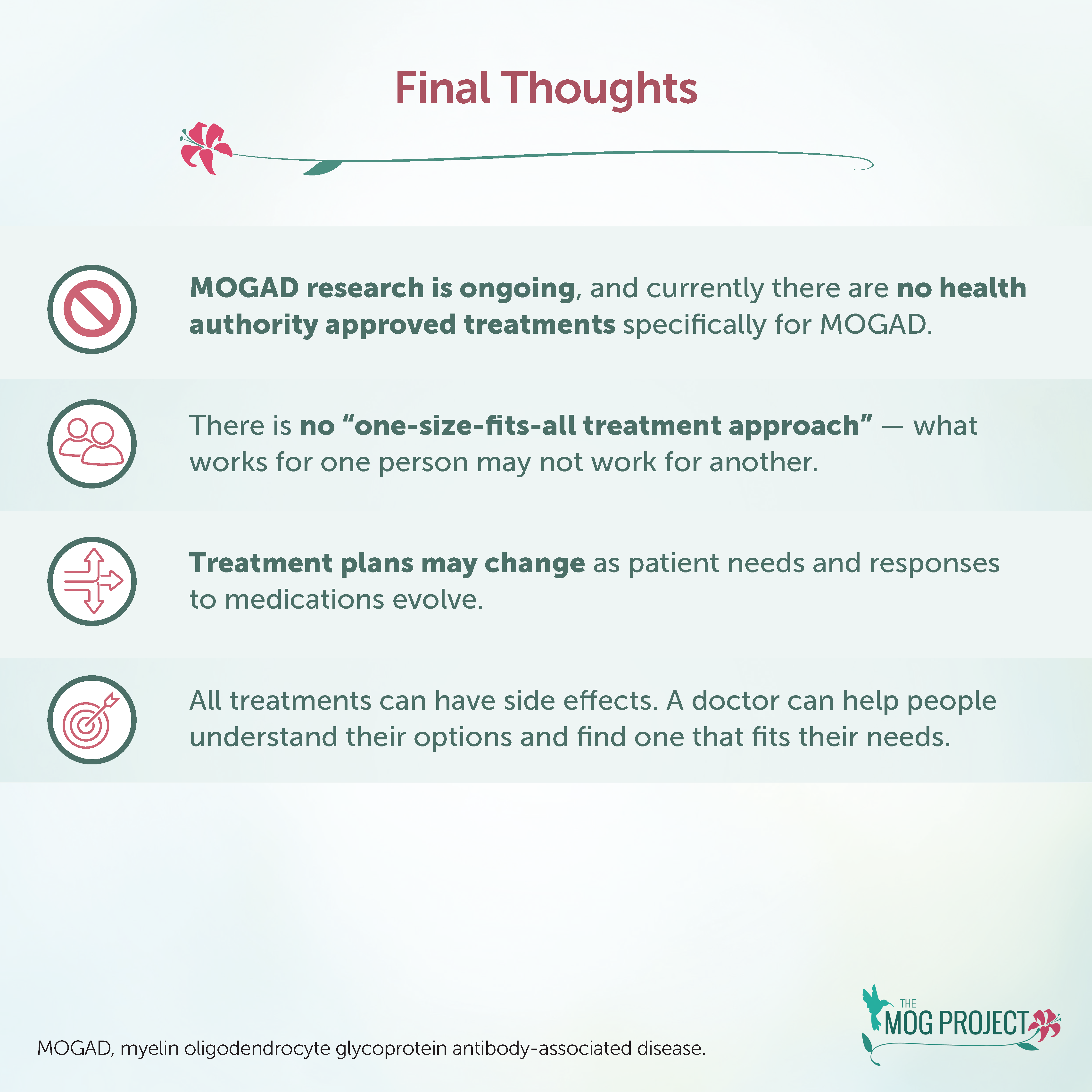Infographic titled Final Thoughts with four key points on MOGAD: no approved treatments, no one-size-fits-all approach, evolving treatment plans, and importance of personalized doctor guidance. MOG Project logo at bottom.