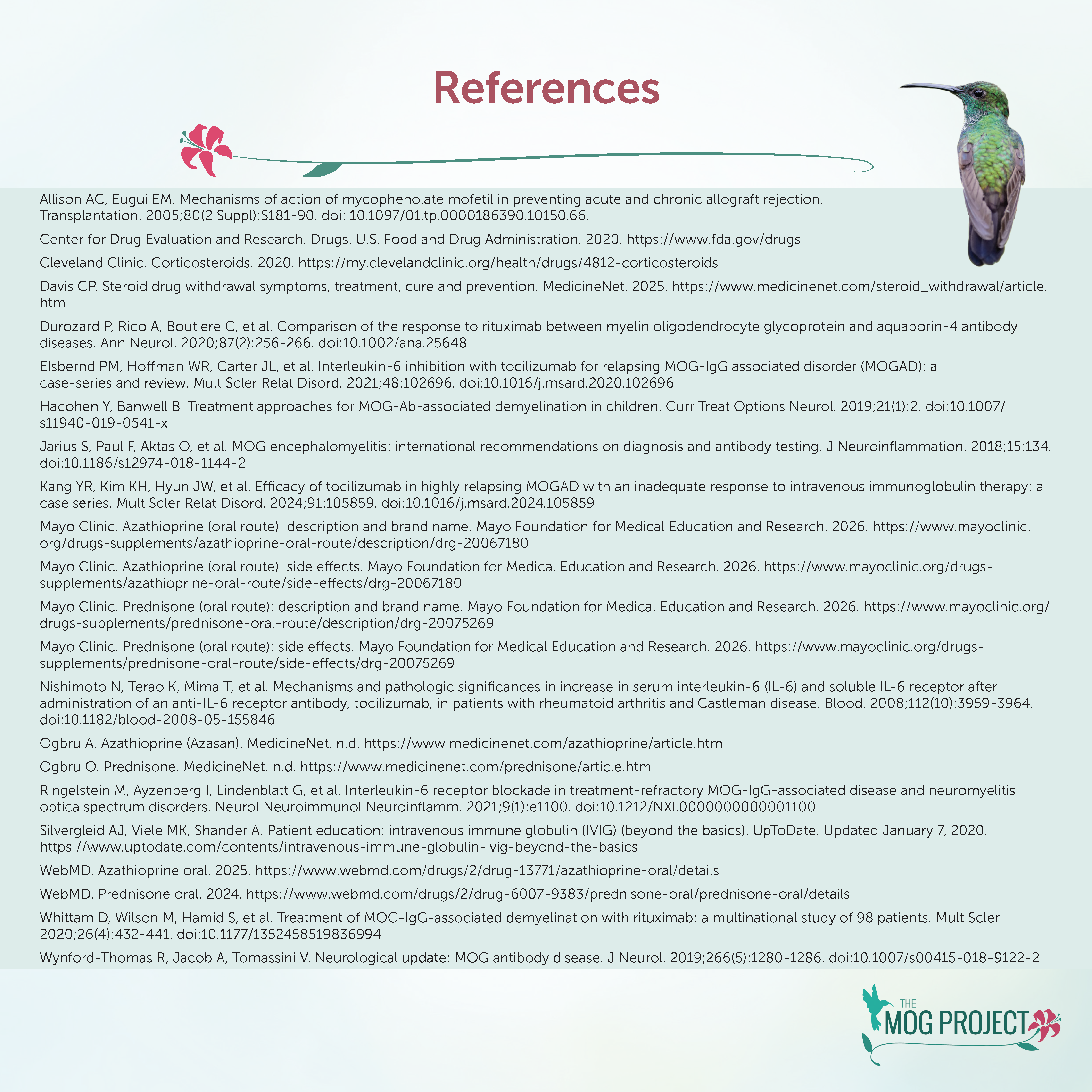 A list of medical references about MOG disease on a light background with a small image of a colorful hummingbird in the upper right corner.