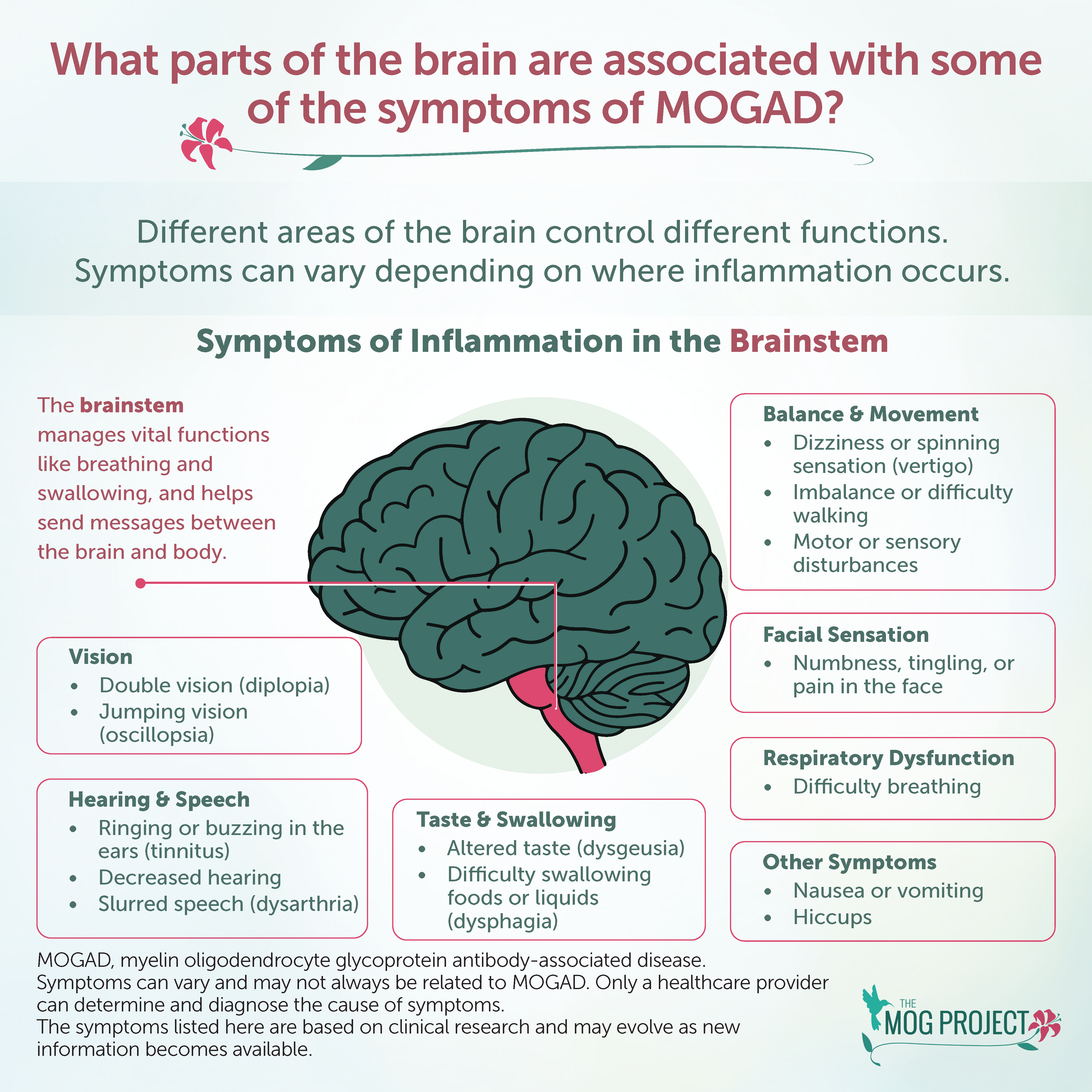 Diagram showing brain regions linked to MOGAD symptoms, with boxes listing effects like vision loss, dizziness, facial numbness, hearing changes, swallowing issues, and breathing problems due to brainstem inflammation.