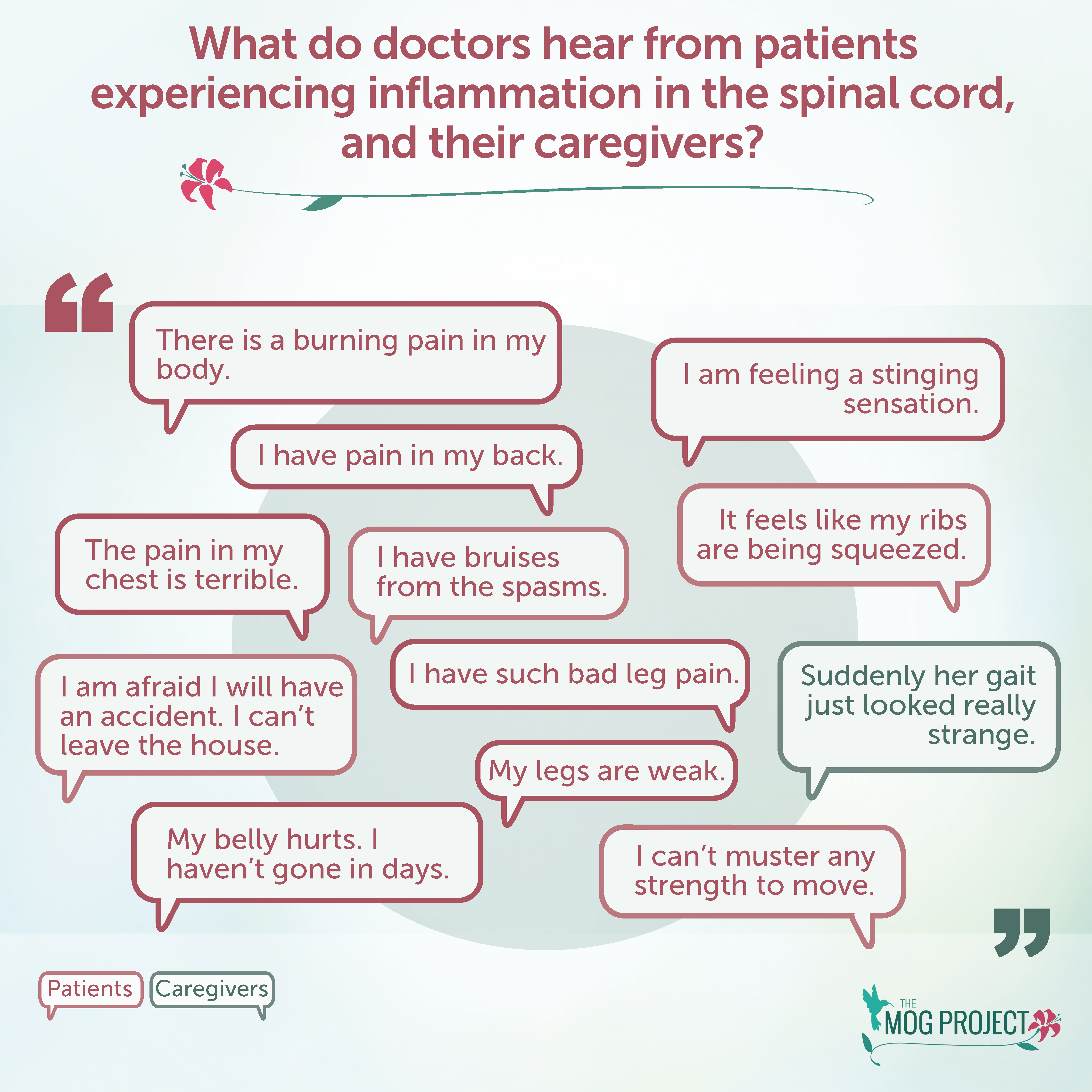 Quotes from patients and caregivers about spinal cord inflammation symptoms, including pain, weakness, stinging, bruises, and changes in gait, chest, and belly, shown in speech bubbles on a light background.