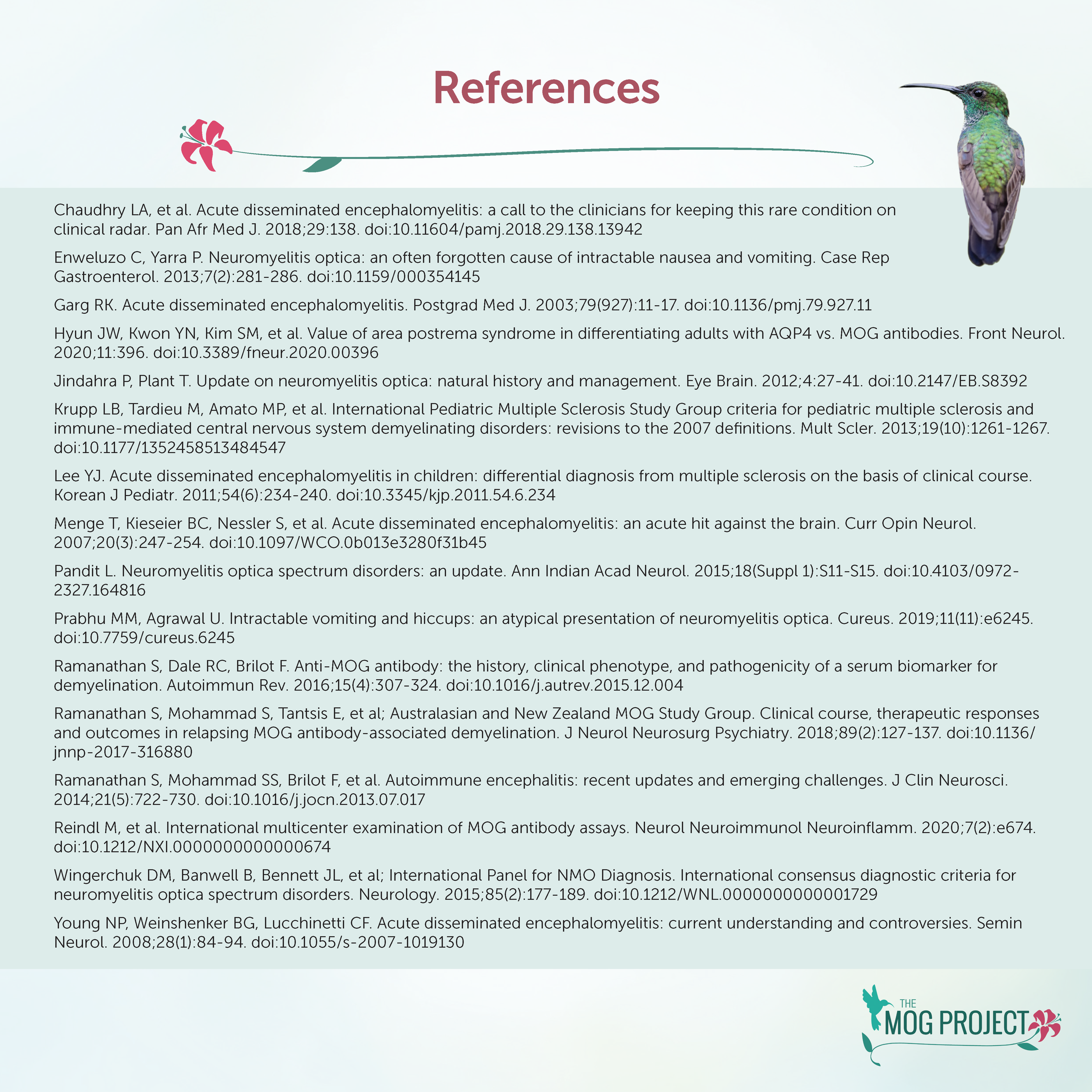 A references page with a list of academic citations on neurology topics. A small hummingbird image appears in the upper right corner. The page background is pale, and References is written in bold pink at the top.