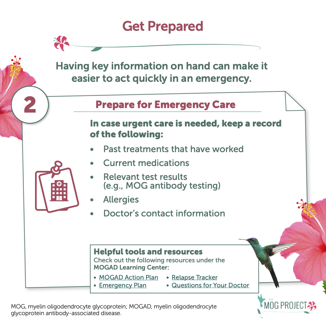 Emergency care prep infographic with hummingbird: lists records to keep—past treatments, current medications, test results, allergies, doctor contact info. Sidebar links to the MOGAD Action Plan, Emergency Plan, Relapse Tracker, and more.