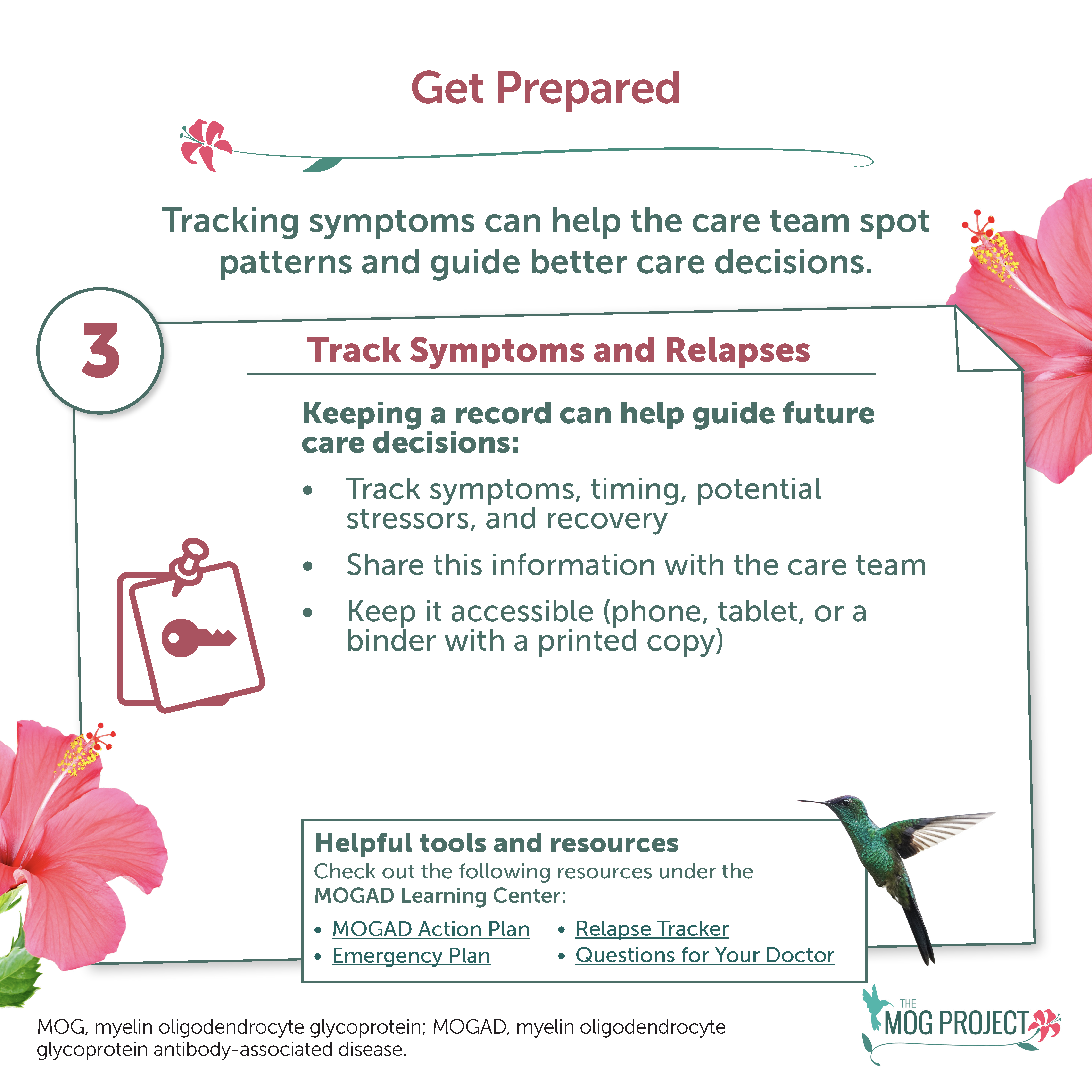 Infographic about tracking symptoms and relapses for better care. Lists steps for keeping a record and sharing with care teams. Includes flowers, a hummingbird, and resource links at the bottom.