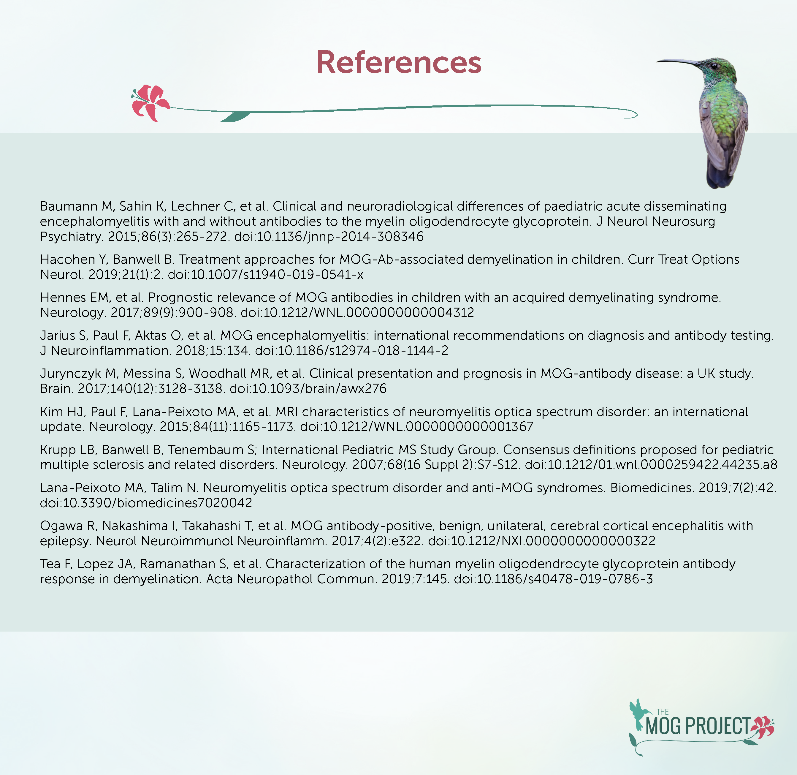 A reference list of medical research articles on MOGAD is displayed on a white background with a green gradient border. A colorful hummingbird hovers on the right side. References is written in red at the top center.
