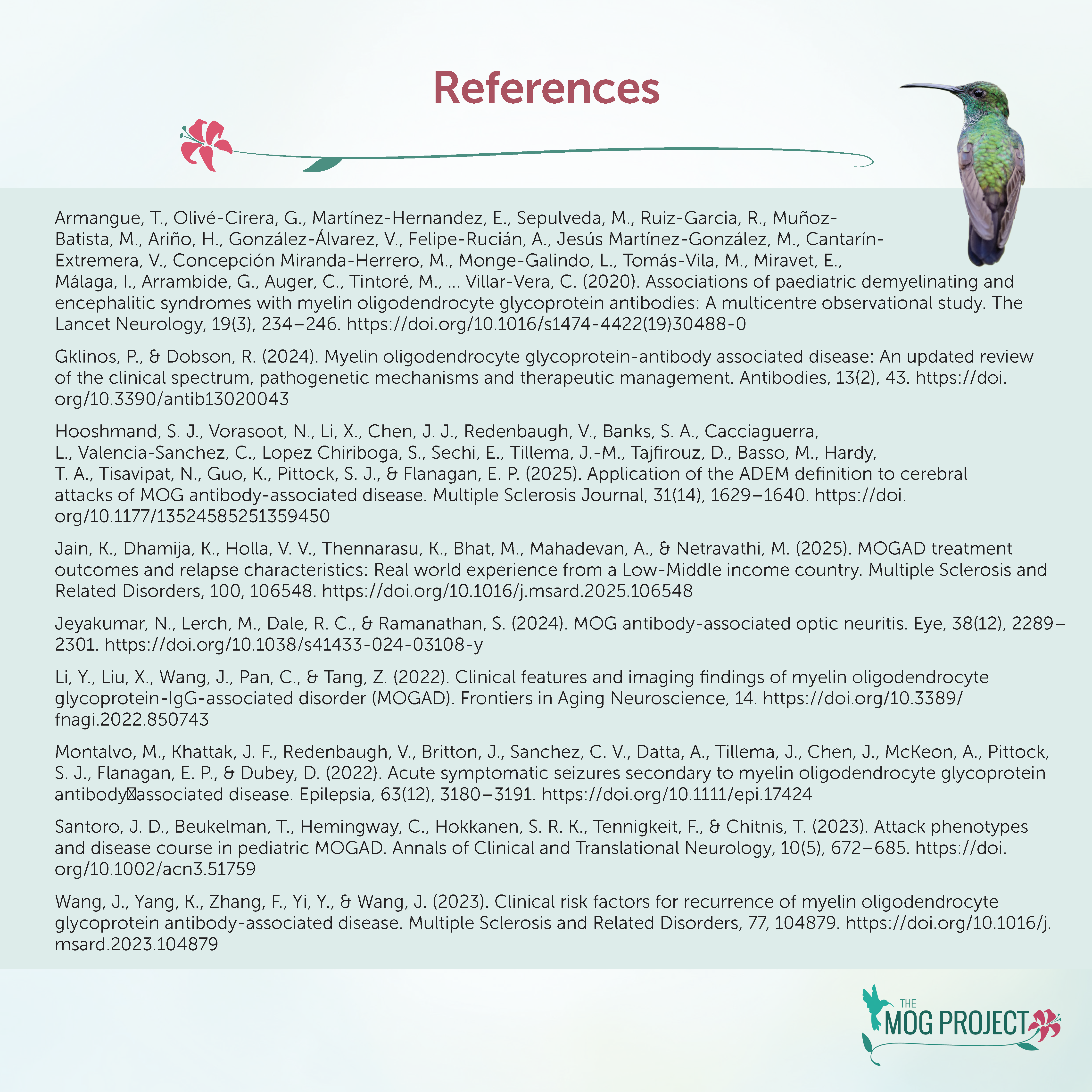 A References page lists scientific sources about MOG antibody-associated disease and related neurological topics, with a small illustration of a green and purple hummingbird in the top right corner.