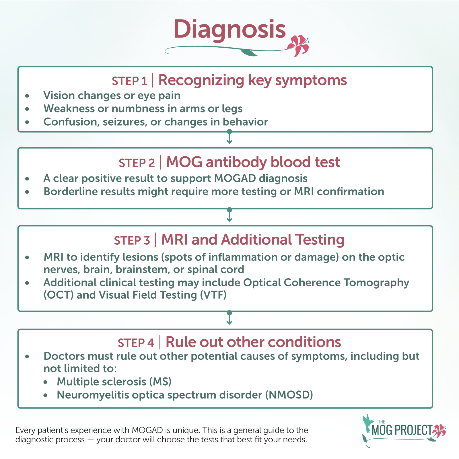 Infographic detailing four diagnostic steps for MOGAD: recognizing symptoms, MOG antibody blood test, MRI and other tests, and ruling out other conditions such as MS or NMOSD. The MOG Project logo is shown.