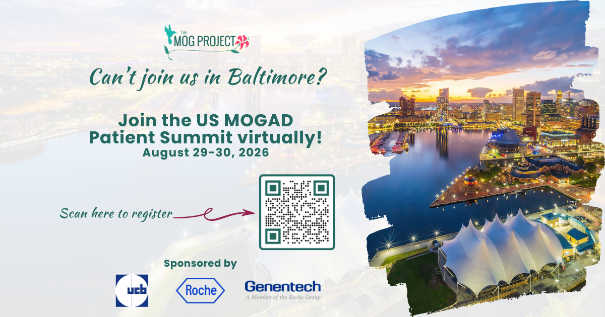 A digital flyer for the US MOGAD Patient Summit, August 29-30, 2026, with Baltimore city images, sponsor logos, and a QR code for virtual registration. Text invites virtual participation.