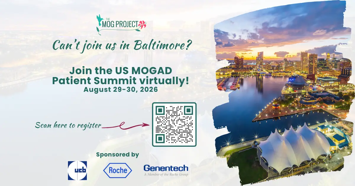 A digital flyer for the US MOGAD Patient Summit, August 29-30, 2026, with Baltimore city images, sponsor logos, and a QR code for virtual registration. Text invites virtual participation.